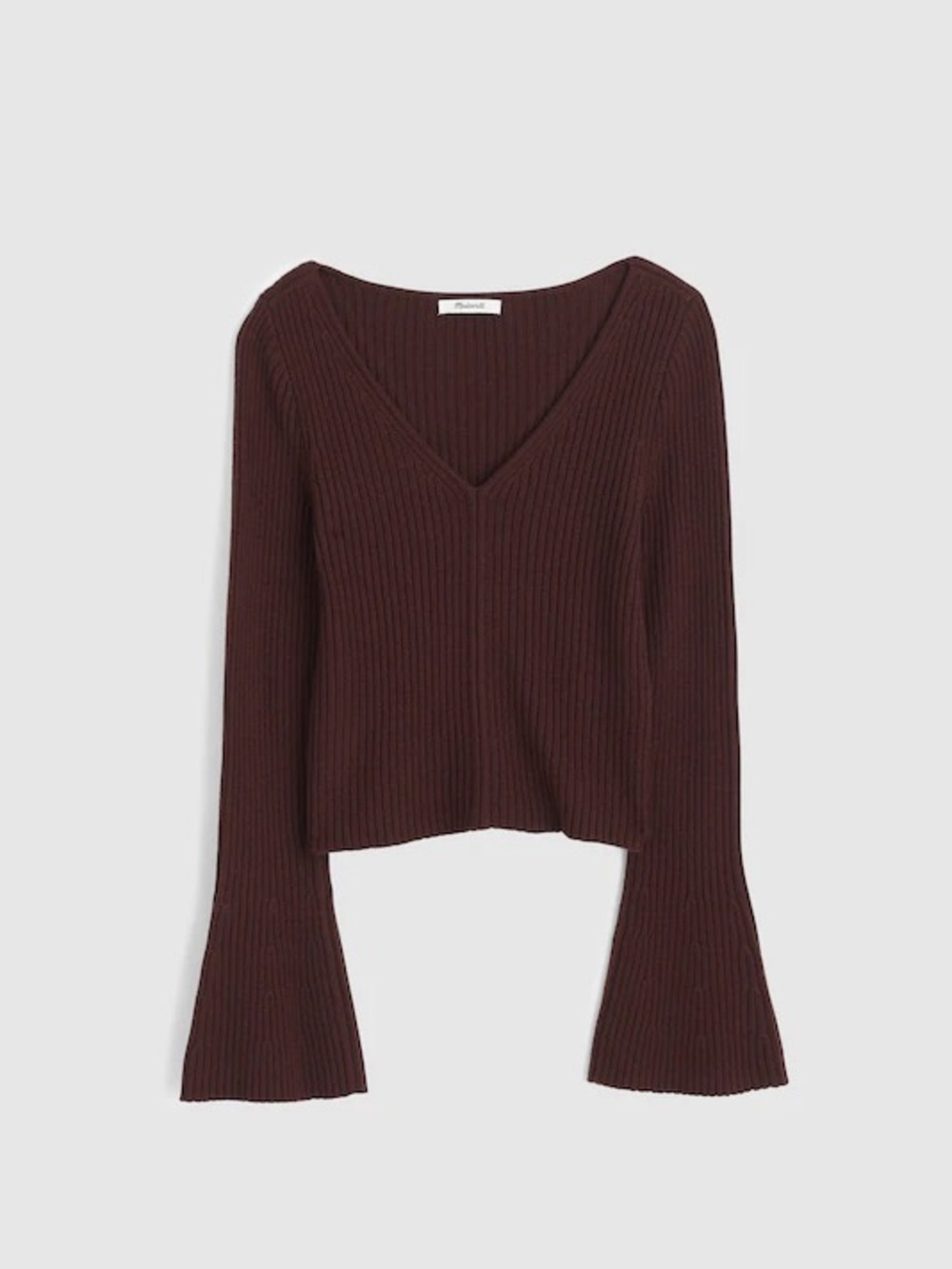 Madewell Ribbed V-Neck Sweater Top in Merino Wool Chocolate Brown